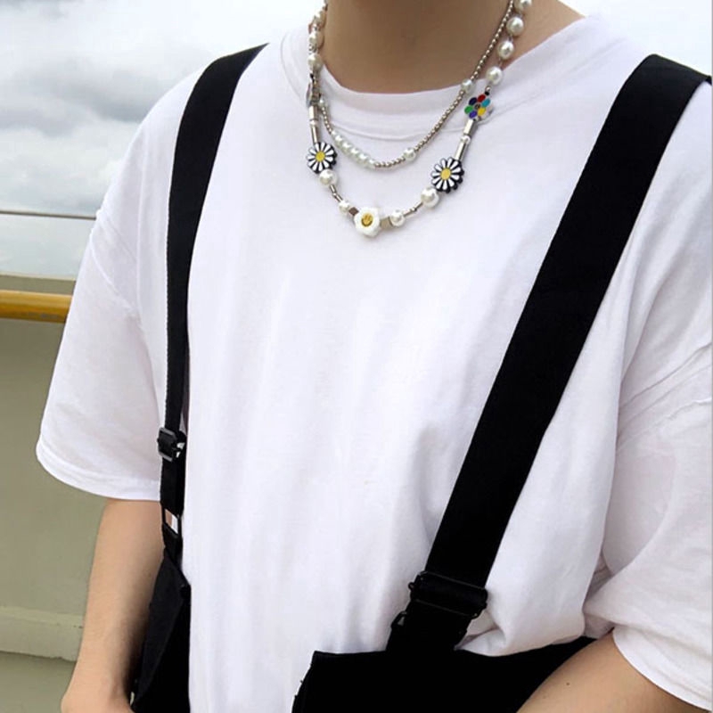 Dây chuyền mặt hình hoa cúc đính ngọc trai giả phong cách hiphop