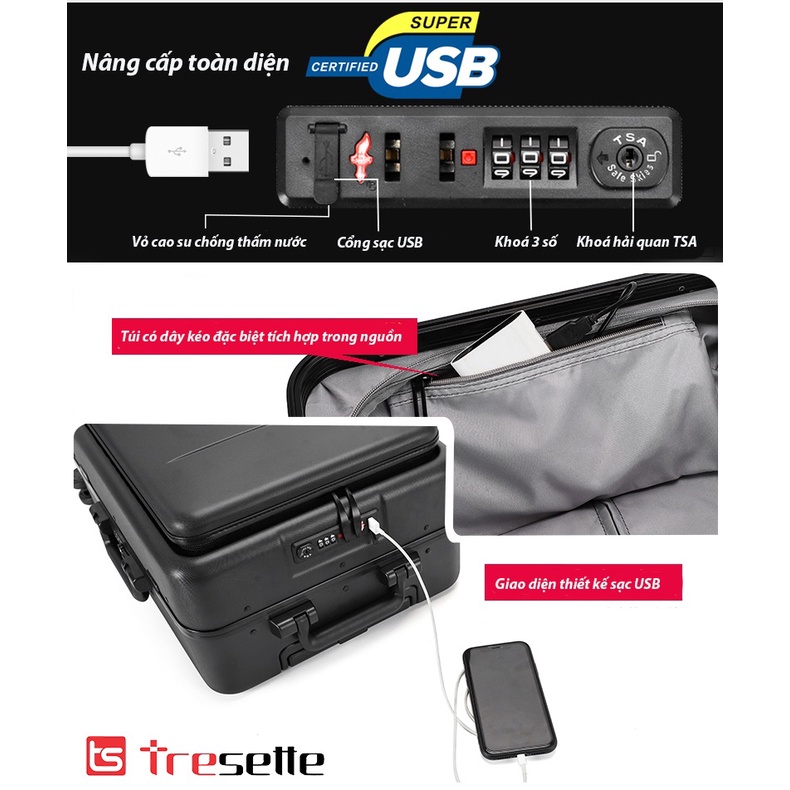 FREESHIP [SIZE 24INCH] Vali khoá sập có cổng sạc USB nhập khẩu Hàn Quốc TSL 8002