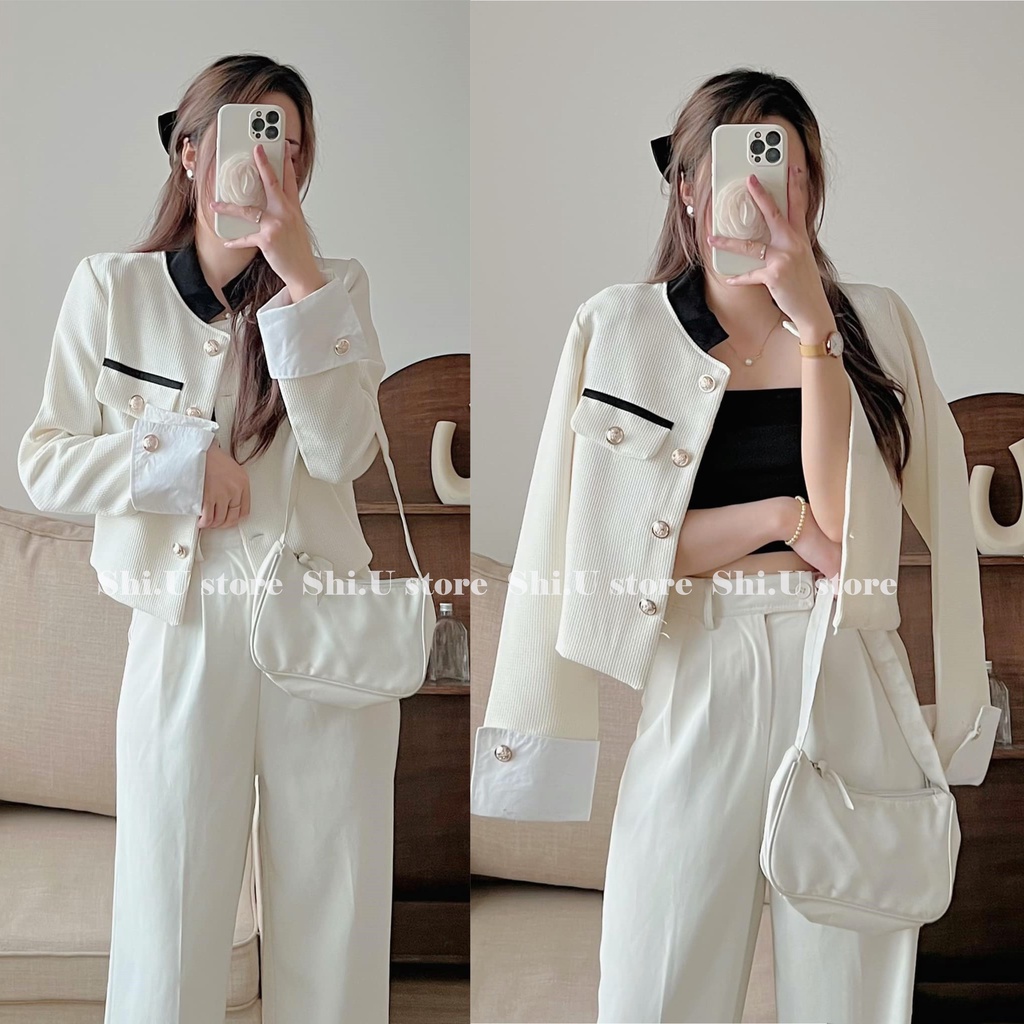Áo khoác dạ nữ cổ tàu viền đen tay phối sơ mi 2 lớp ulzzang