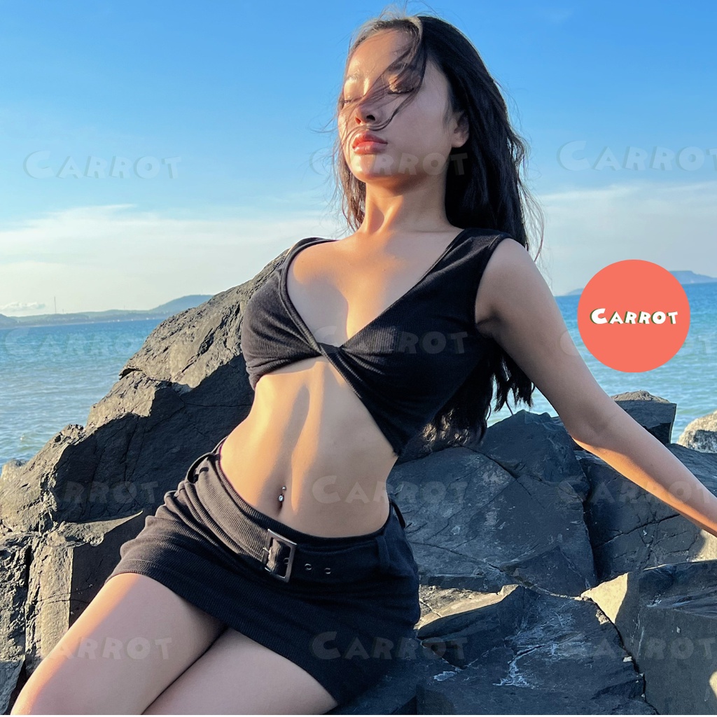 Set đồ nữ thiết kế đi chơi đi du lịch áo croptop ngắn soắn chân váy đen carrotxinhdep thời trang nữ phong cách hàn quốc