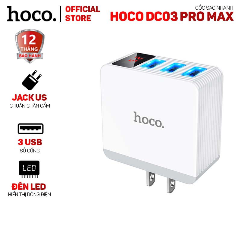 Cóc sạc nhanh 3 cổng USB 3.4A Hoco DC03 Pro Max, màn hình led, tương thích nhiều thiết bị