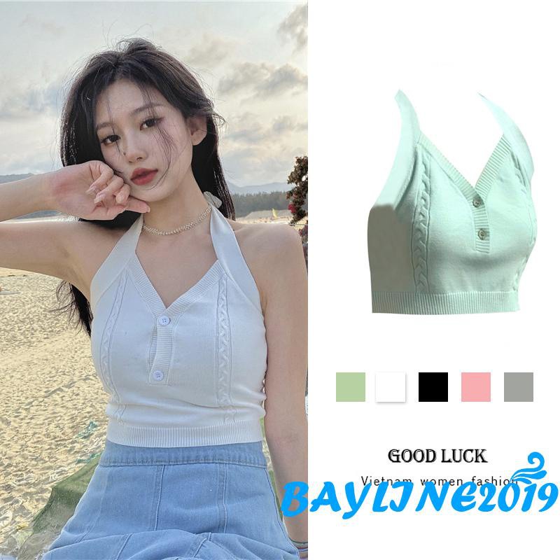 Áo croptop dệt kim không tay hở lưng màu trơn thời trang mùa hè năng động cho nữ 5 màu