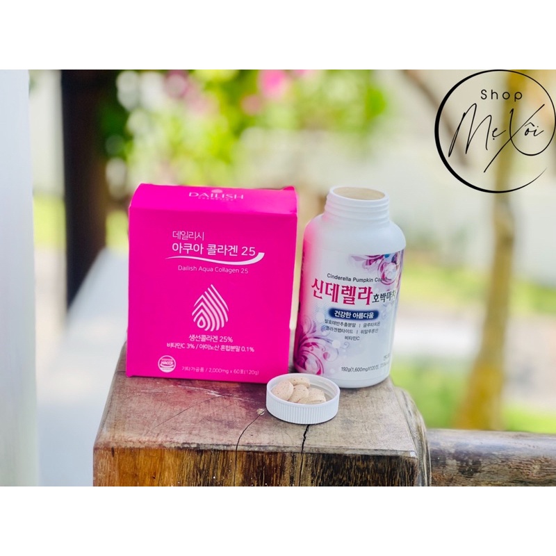 Combo viên ngậm trắng da Cinderella Pumpkin Couch và collagen thủy phân Dailish Aqua, dưỡng trắng da căng mọng