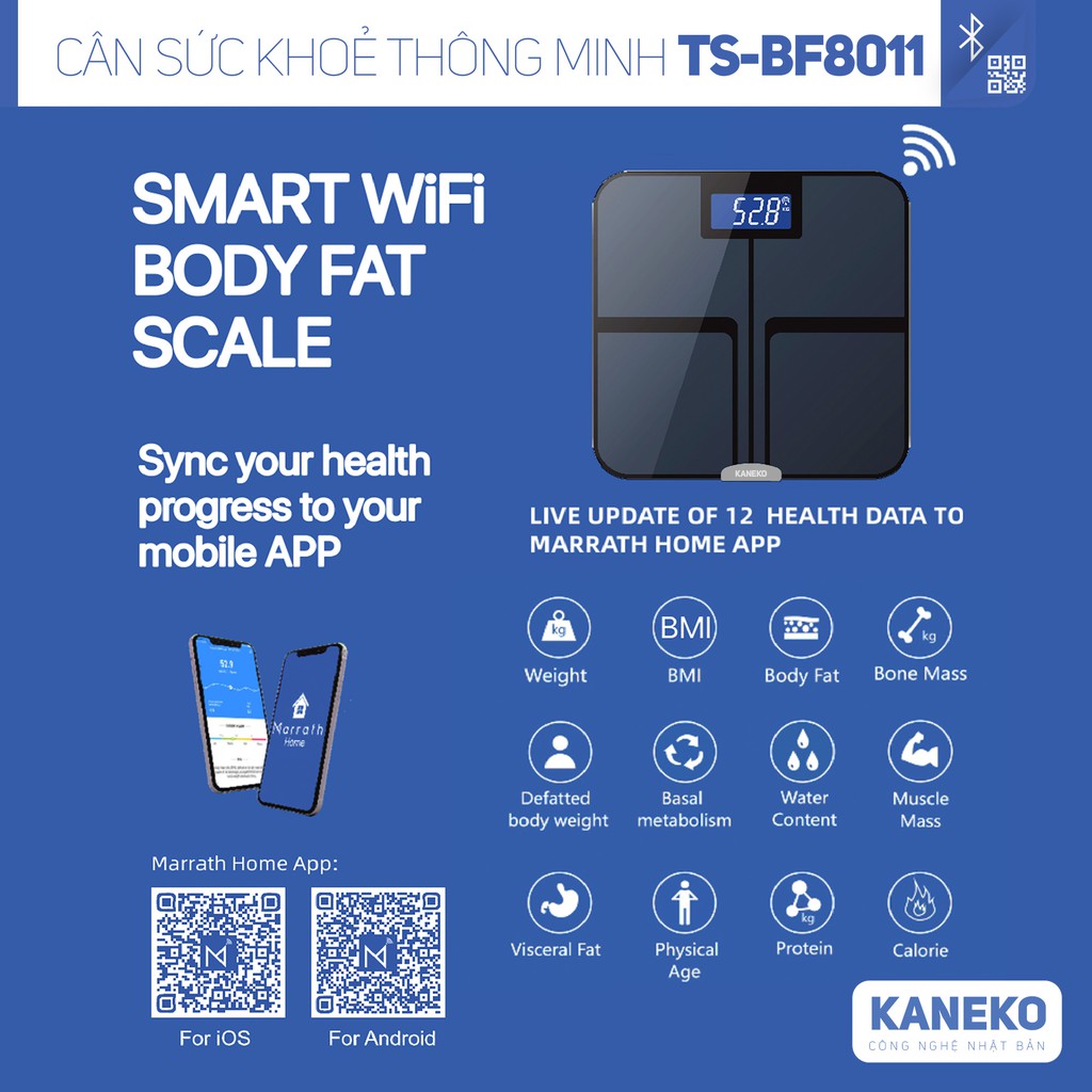 Cân sức khoẻ thông minh điện tử KANEKO TSBF8011, cân điện tử thông minh kết nối bluetooth, cân đo 12 chỉ số cơ thể.