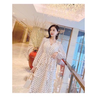 Đầm Maxi Chấm Bi Tay Dài Tầng