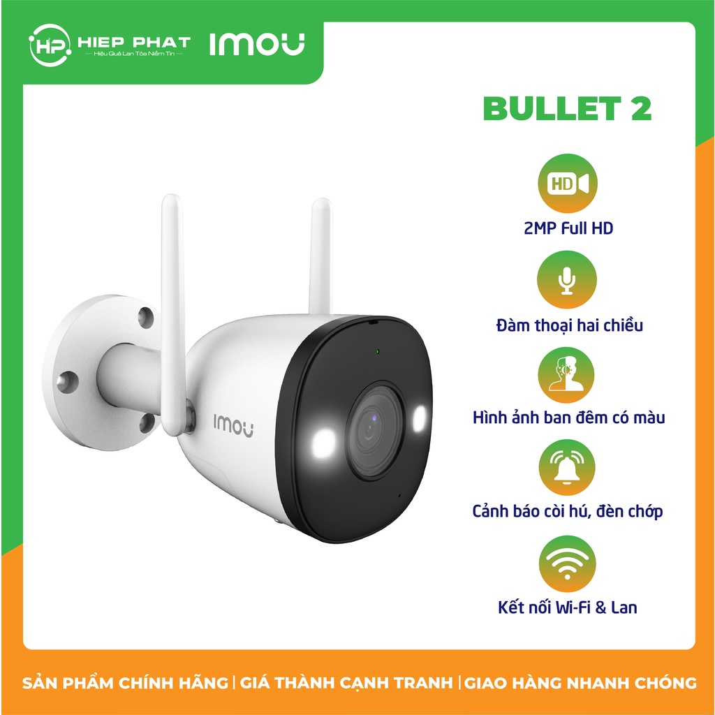 Camera WIFI IMOU Bullet 2  2MP FullHD - Có Màu Ban Đêm - Báo Động Còi, Đèn - Chuẩn IP67 - 100% Chính Hãng