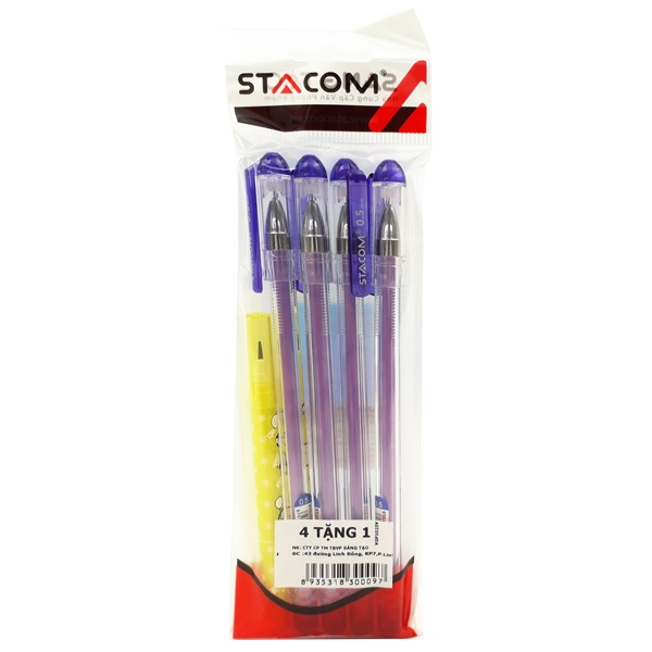 Vỉ 4 Bút Bi Mực Gel Xóa Được Nắp Đậy - 0.5mm Stacom-VGP1025_V - Mực Tím - Kèm 1 Bút Chì PC202 - Stacom