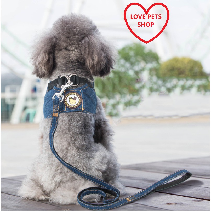 💝 BỘ DÂY DẮT KÈM YẾM BẰNG VẢI JEAN CHO THÚ CƯNG, DÂY DẮT CHÓ - LOVE PETS SHOP 💝