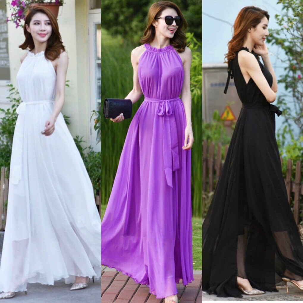 ĐẦM MAXI SUÔNG CỔ YẾM THẮT DÂY EO Chất: chiffon lót thun  Màu: đen, trắng, tím Kiểu dáng: đầm suông dài form rộng, cổ yế