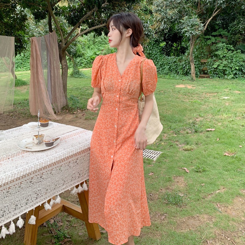 Đầm Dài Tay Phồng Cổ Chữ V Thời Trang Mùa Hè Phong Cách Pháp Mới Cho Nữ