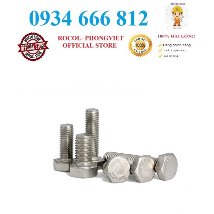 Set 10c Bulong lục giác ngoài inox 201 M10,  M10X40, M10X50, M10X60, M10X70