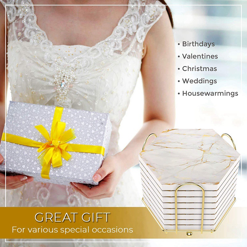 Set 8 Tấm Lót Ly Uống Nước Bằng Gốm Sứ Có Giá Đỡ Họa Tiết Đá Hoa Cương Siêu Thấm Nóng Và Lạnh