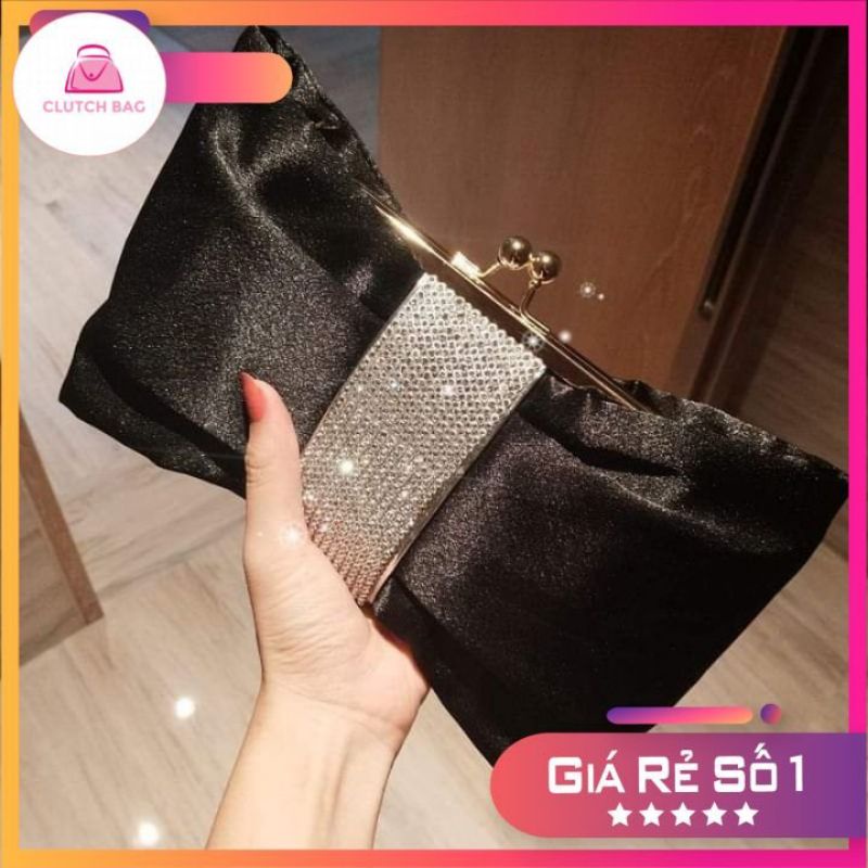 SẴN HÀNG ĐEN CLUTCH CẦM TAY/VÍ CẦM TAY KHOÁ NƠ ĐÍNH ĐÁ VÍ DỰ TIỆC NƠ CÁNH BƯỚM SANG CHẢNH