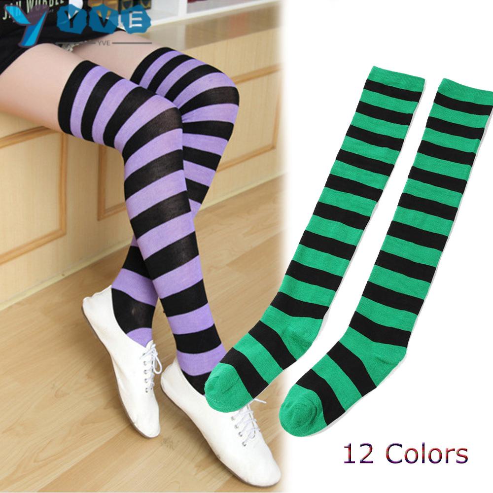 Vớ cotton dài qua gối kẻ sọc ngang 12 màu thời trang cho nữ
