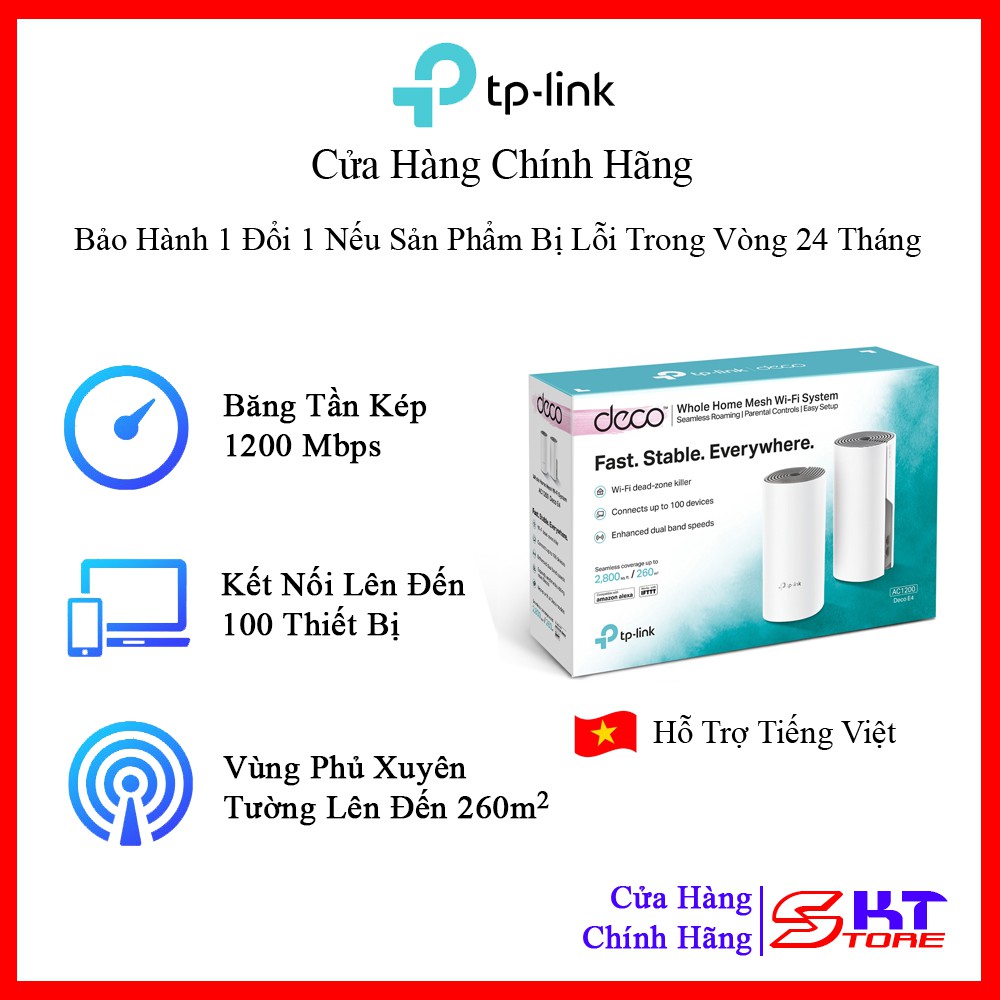 Bộ Phát Wifi Mesh Tp-Link Deco E4 (2-pack) Chuẩn AC Tốc Độ 1200Mbps - Hàng Chính Hãng