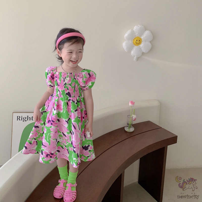 Đầm Công Chúa Tay Phồng Ngắn In Hoa Kiểu Hàn Quốc Thời Trang Mùa Hè Cho Bé Gái