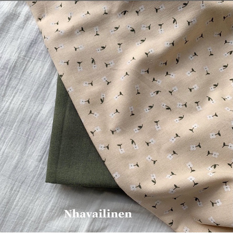 Vải Hoạ Tiết Linen Hoa Trắng Lá Xanh - Xanh Rêu Đậm Bột Nhà Vải Linen