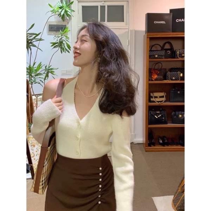 Áo kiểu tay dài siêu sexy phối cúc khoét eo TR2