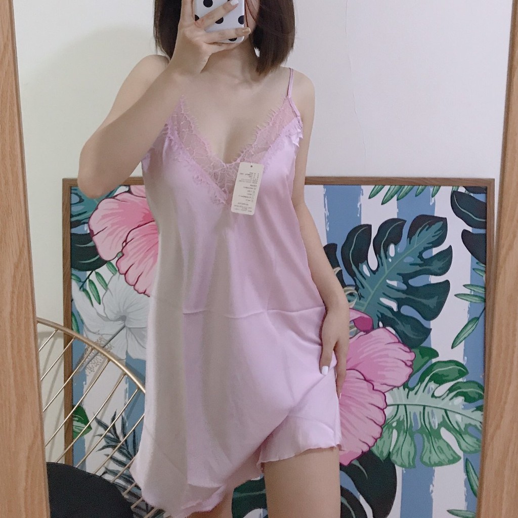 Dưới 60kg[LL190] Đầm ngủ sexy - Váy ngủ satin lụa hai dây hở lưng phối ren cao cấp quyến rũ