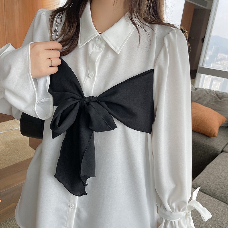 ÁO SƠ MI TAY CỘT NƠ PHỐI YẾM CHÉO ĐEN XINH SMT1