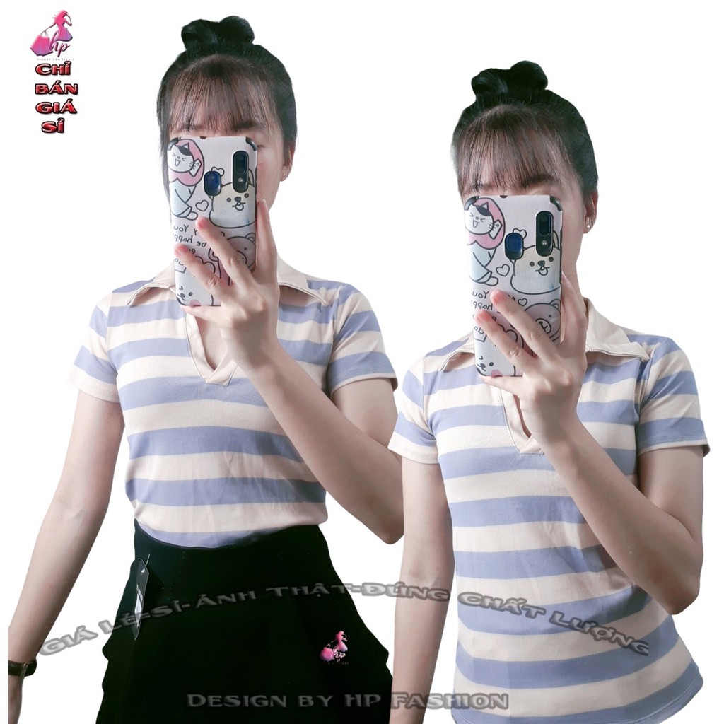 Áo thun nữ ôm body cổ bẻ polo sọc ngang tay ngắn phong cách hàn quốc cực dễ thương mẫu mới thời trang 2021
