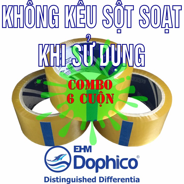 [ Không kêu sột soạt – Combo 6 cuộn ] Băng dính không ồn Dolphin quy cách 48mm x 50M – Không kêu sột soạt khi sử dụng