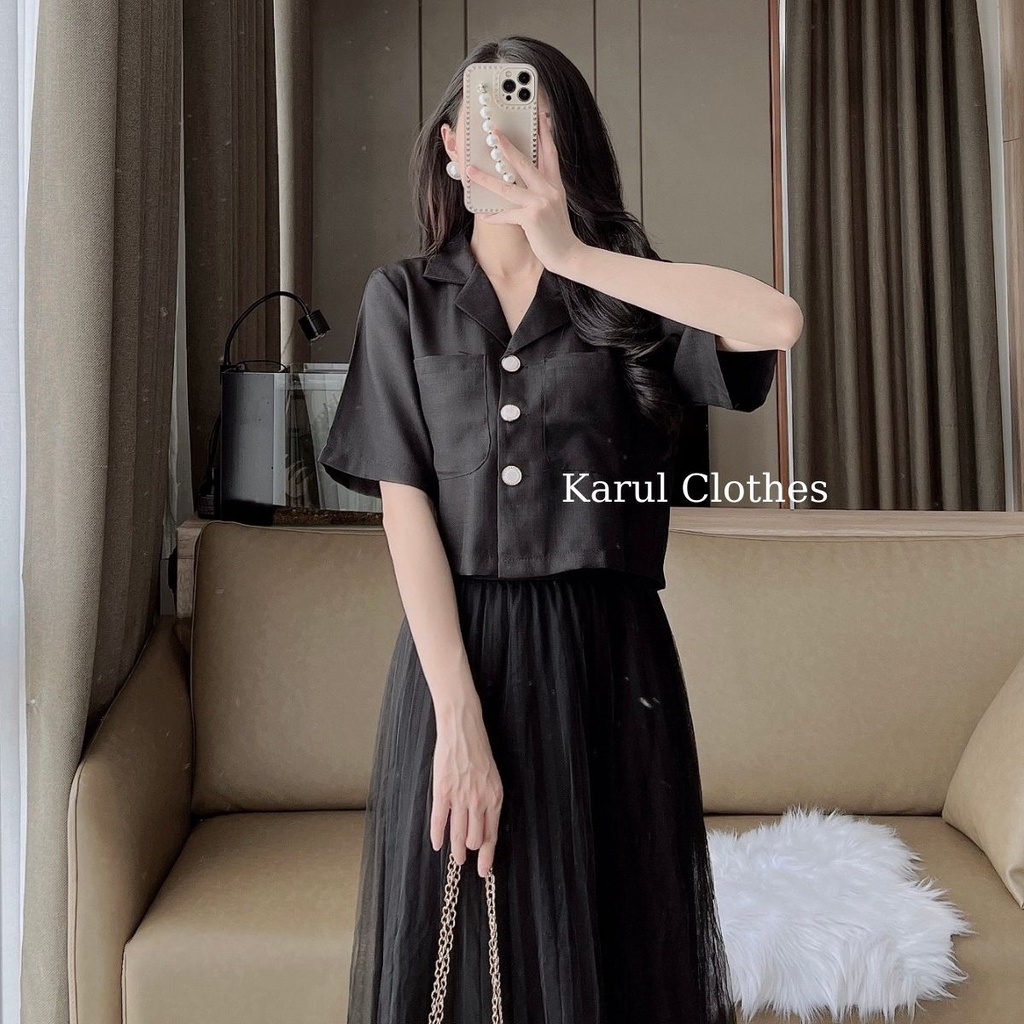 Áo sơ mi nữ dáng ngắn 3 cúc phôi 2 túi ngực sâu , áo sơ mi nữ phối 2 túi sâu 3 cúc kiểu dáng Hần quốc D598