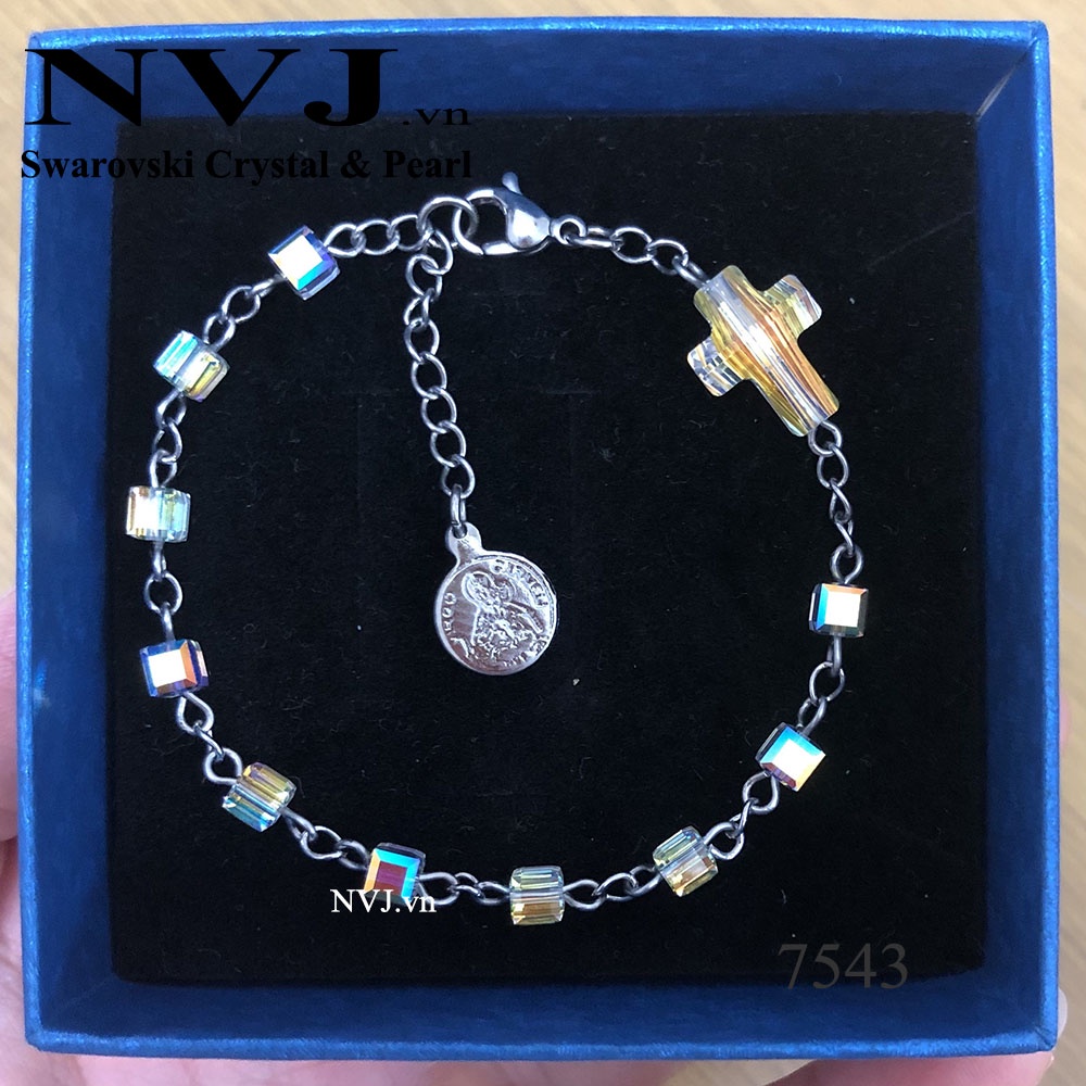 Chuỗi Mân Côi pha lê Swarovski  hạt vuông 4ly, thánh giá & dây tăng đơ gắn hình đức mẹ