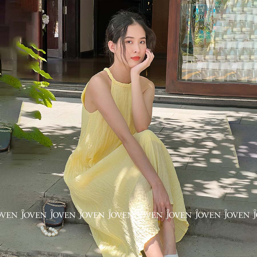 Đầm maxi cổ yếm đan sang chảnh chất thun xốp cao cấp JOVEN, thiết kế suông dáng dài tiểu thư, đi biển đi cafe dạo phố