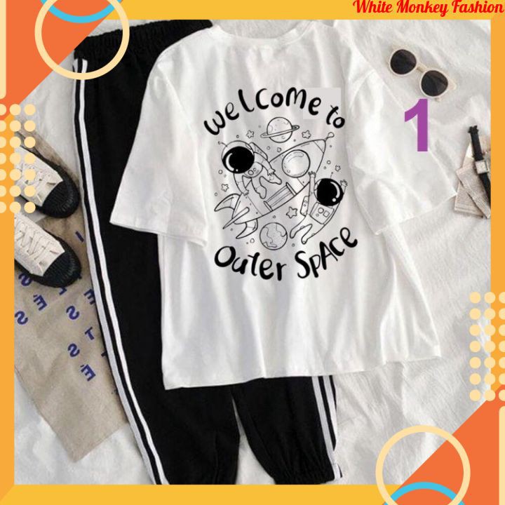 3 Sét Bộ Đồ Nữ Mặc Đi Chơi Mùa Hè, Áo Phông Nữ Cotton In Phi Hành Gia Mix Quần Thun Bo Gấu Phong Cách Teen Hàn Quốc