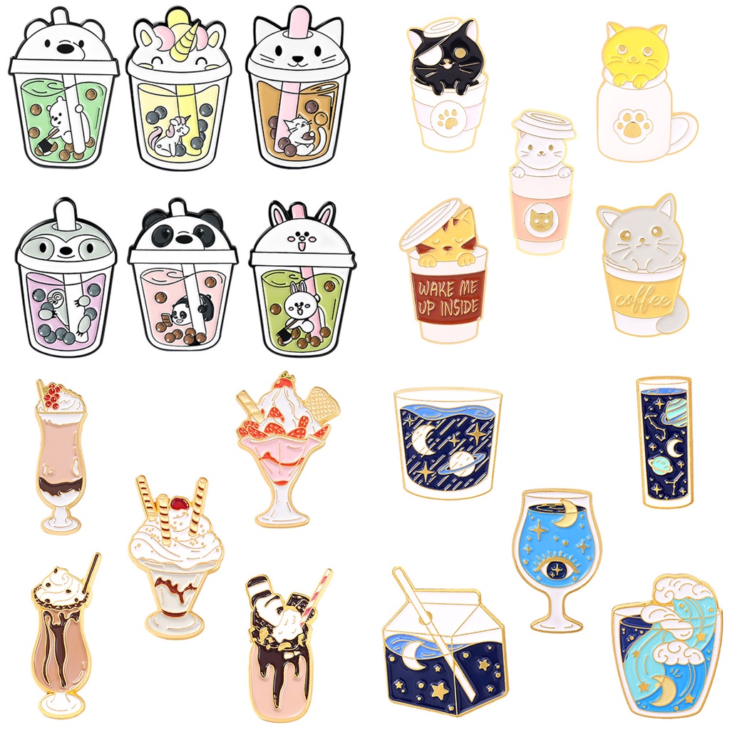 Ghim Cài Áo Hình Ly Trà Sữa Trân Châu / Gấu / Kem / Mèo Bằng Hợp Kim Tráng Men