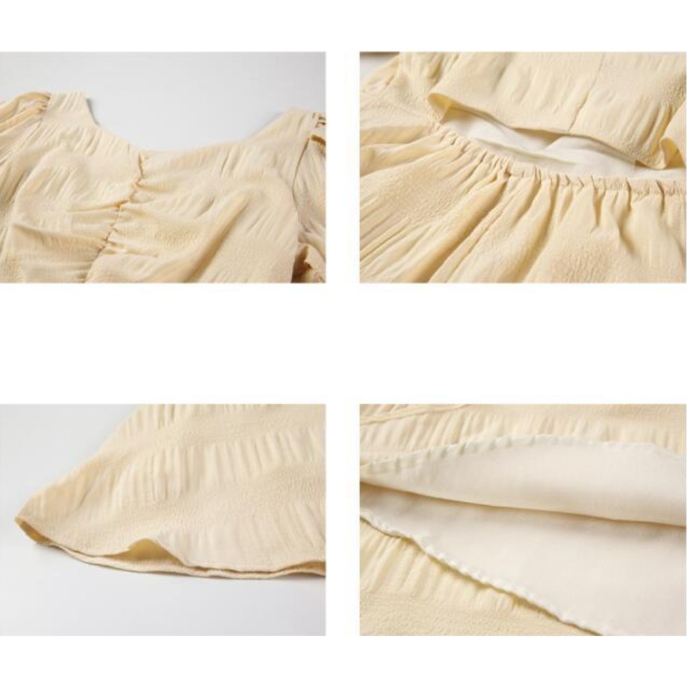 Đầm chữ A MURIOKImàu vàng nhạt tay phồng hở lưng thanh lịch phong cách Hàn Quốc cho nữ