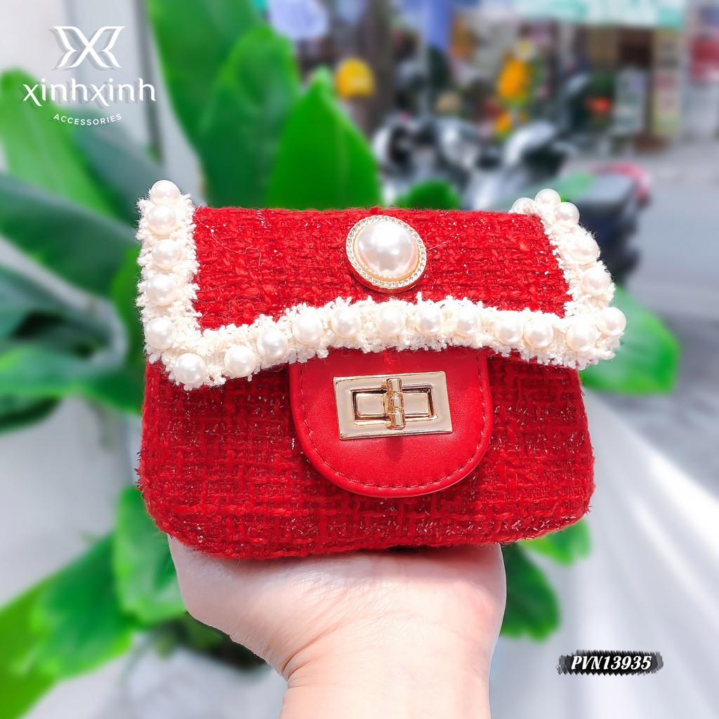 Túi xách cho bé , túi đeo chéo bé gái viền trai nhân tạo - Xinh Xinh Accessories