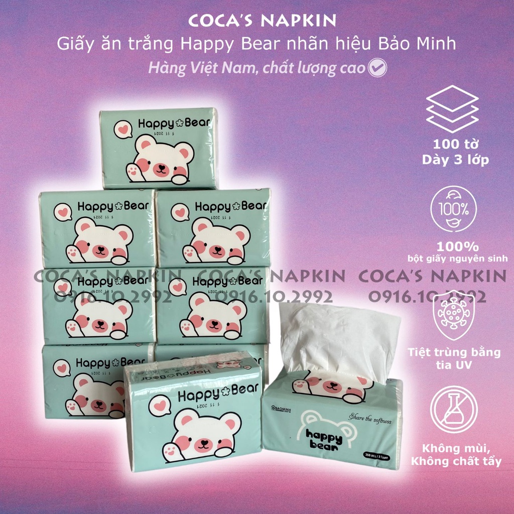 Giấy ăn trắng Happy Bear siêu dai, gói 120 tờ giấy rút lụa mềm mịn 3 lớp, không chất tẩy trắng