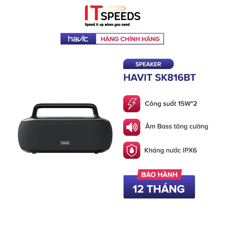 Loa Bluetooth HAVIT SK816BT Công Suất 30W, BT 5.0, Kháng IPX6, Thời Gian Chơi Nhạc Lến Đến 15h - Chính Hãng BH 12 Tháng