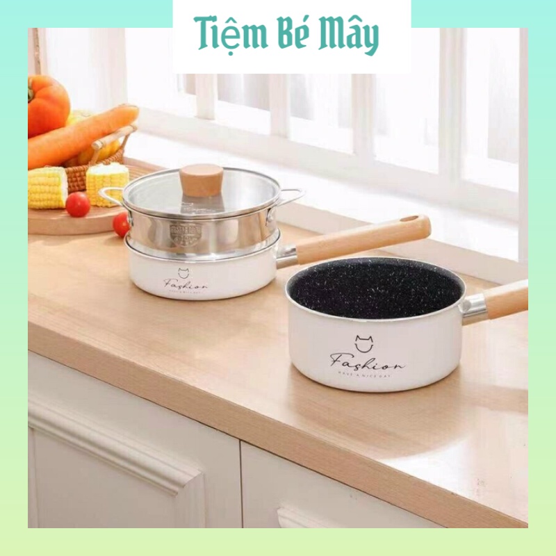 Bộ nồi chảo Fashion nấu đồ ăn dặm, chảo đá mini chống dính bếp từ, nồi quấy bột cho bé