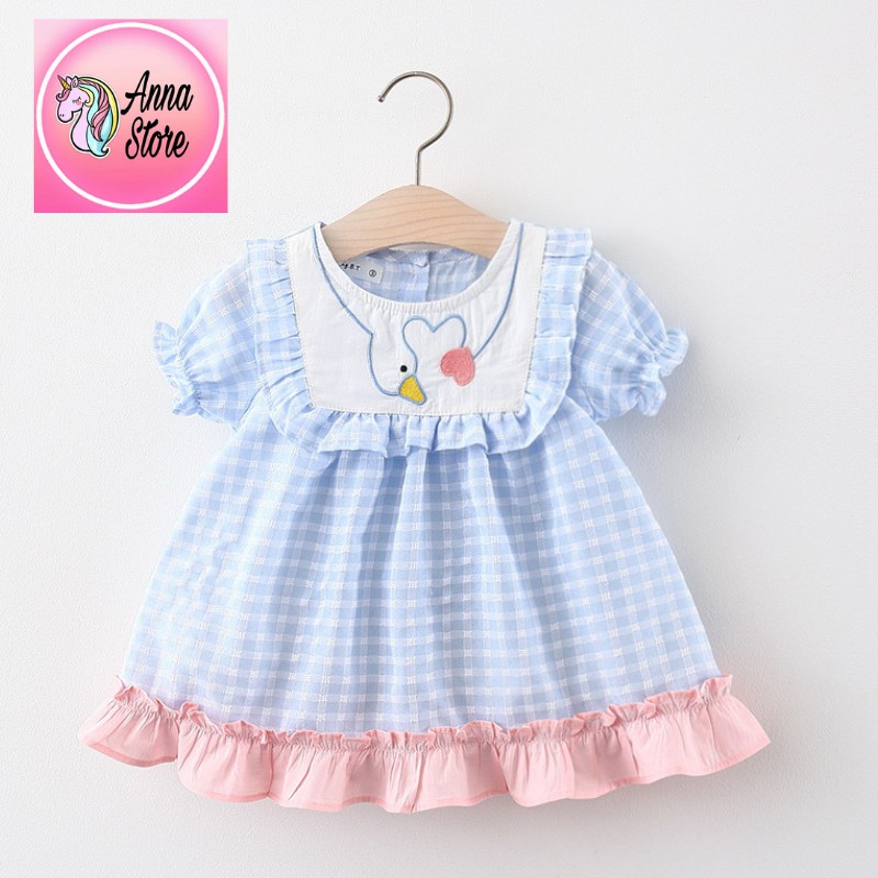 Váy Đầm Bé Gái Dáng Xòe Hình Thiên Nga Hồng Xanh, Cổ Bèo, Anna Store