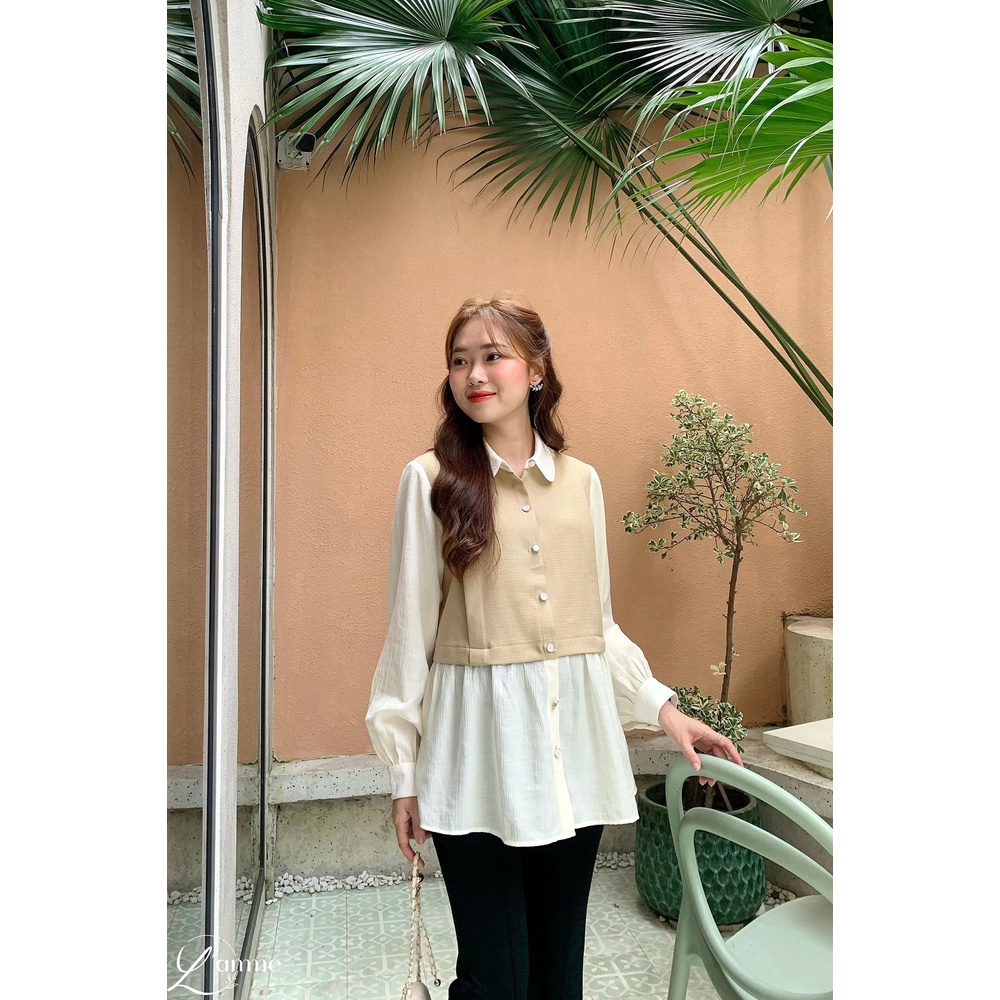 Áo bầu MARA SHIRT tay đũi phối vải bố xước, kiểu dáng lịch sự, phù hợp môi trường công sở thiết kế bởi LAMME