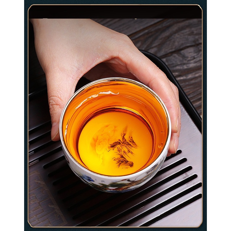 Chén Sứ Cảnh Đức Vẽ Tay Thủ Công lòng chén dát vàng 24K (Sản phẩm cao cấp 160 ml)