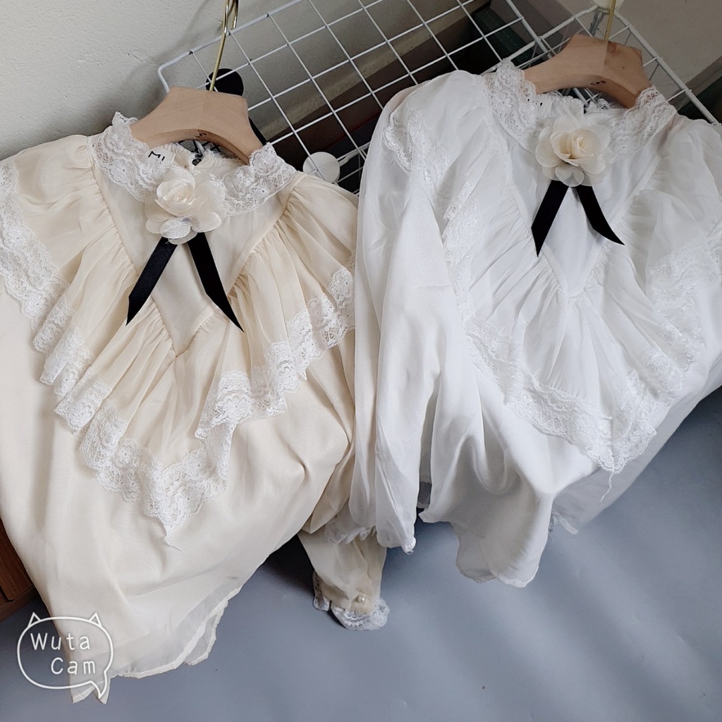 Áo kiểu nữ đẹp phối nơ tay dài khuyu ngọc tiểu thư bánh bèo hàn quốc màu trắng tay phồng sexy Liao fashion UV35