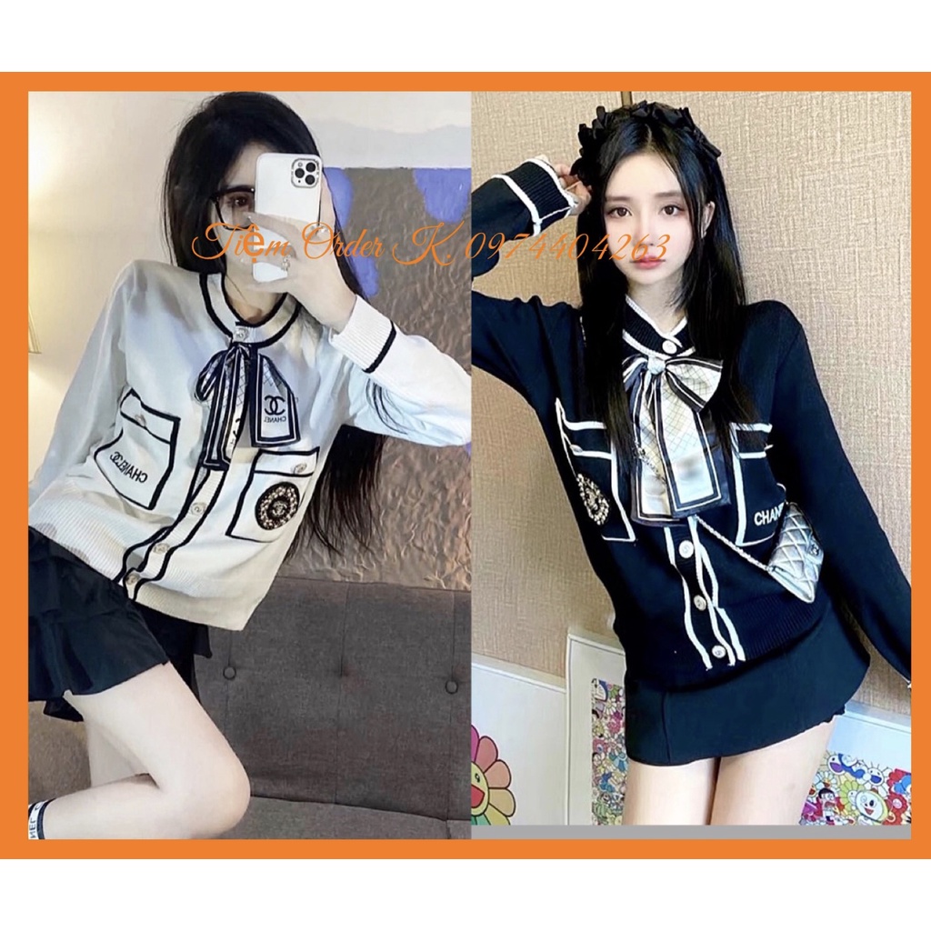 ORDER♥️Áo Len CN 2 Màu(ảnh thật)Size S-&gt;XL Đen Trắng Kèm Khăn Buộc