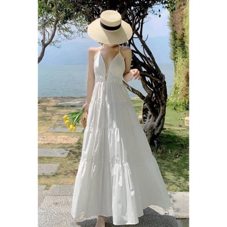 [🔴SẴN] Đầm Maxi Trắng Xẻ Ngực Hở Lưng 2 Dây Vintage Chất Kate Ướt đi biển