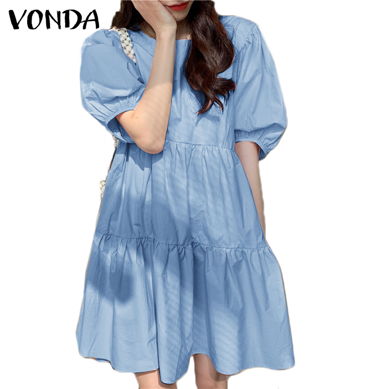 VONDA Women Casual Korean Short Sleeve Round Neck Loose Plain Pleated Short Dress