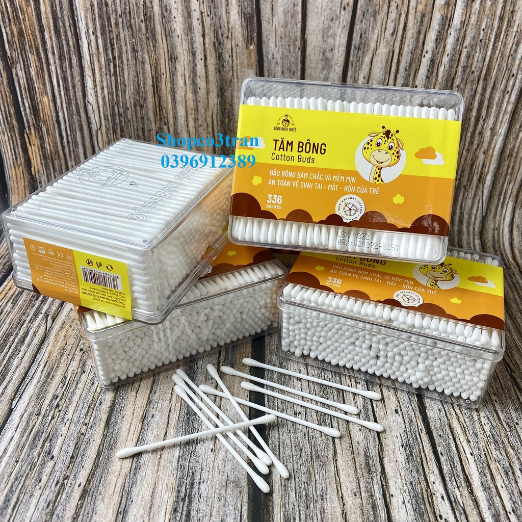 Tăm Bông Kotton Care For Kid 336 que đầu nhỏ HỘP CHỮ NHẬT cho Bé - Hàng chính hãng Bông Bạch Tuyết