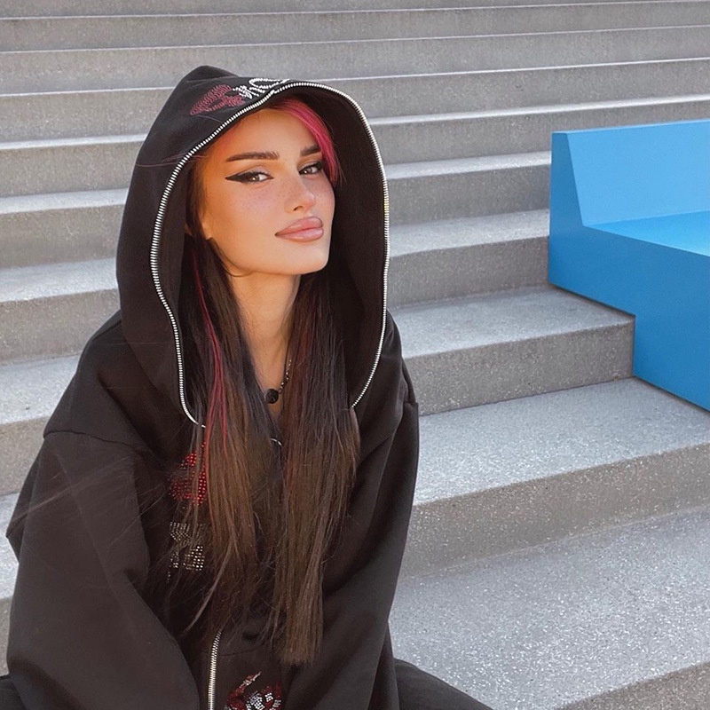 Áo Khoác Hoodie Có Khóa Kéo Đính Đá Hình Bộ Xương Y2K Thời Trang Mùa Thu 2023 Phong Cách Goth Cho Nam Và Nữ Y2K