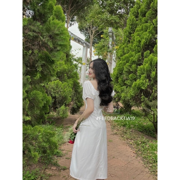 Váy trắng cutout dáng dài Tia19. Đầm trắng tiểu thư cổ yếm trễ vai | BigBuy360 - bigbuy360.vn