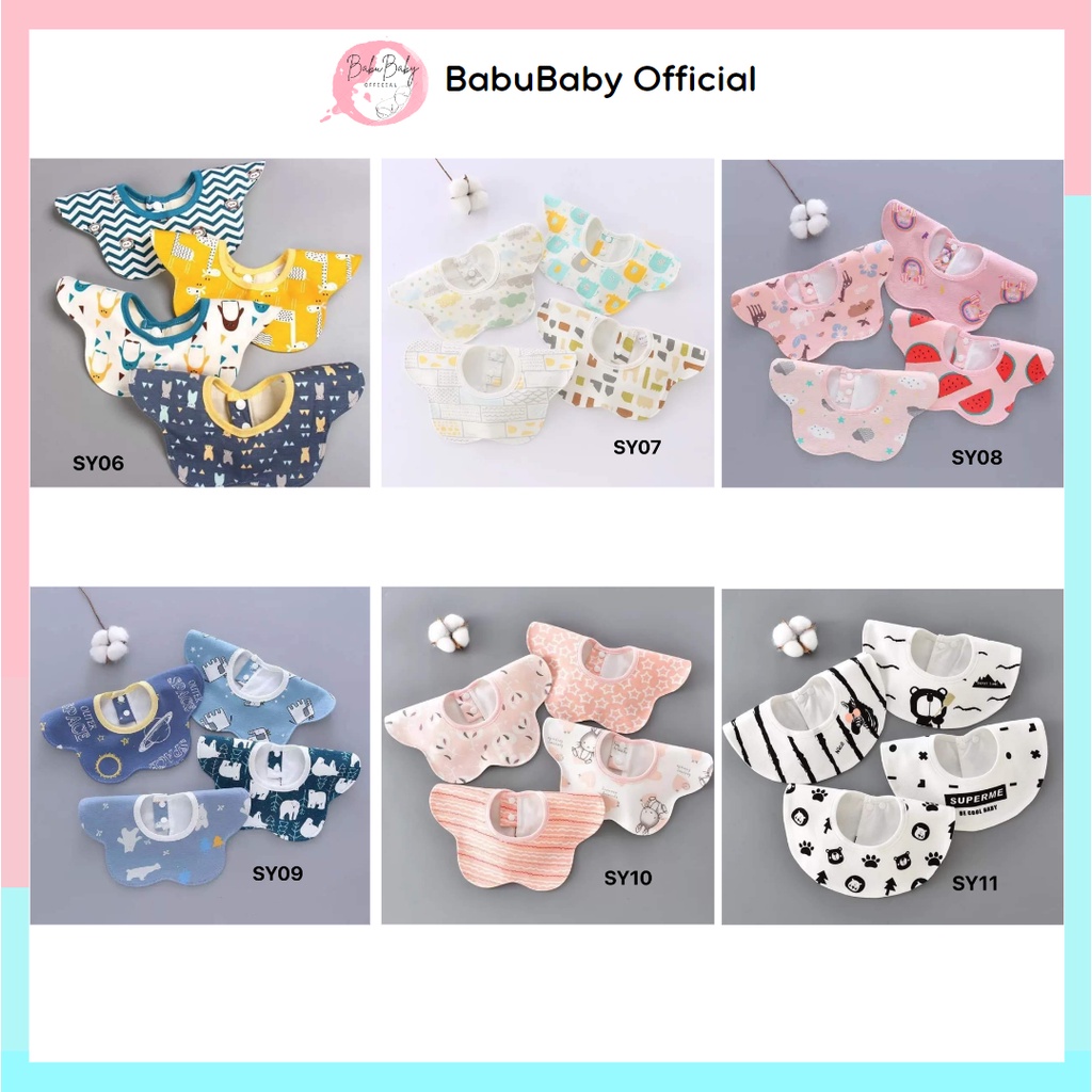 set 4 yếm ăn dặm chống thấm tròn xoay Hàn Quốc, yếm dãi họa tiết xinh xắn có cúc bấm
