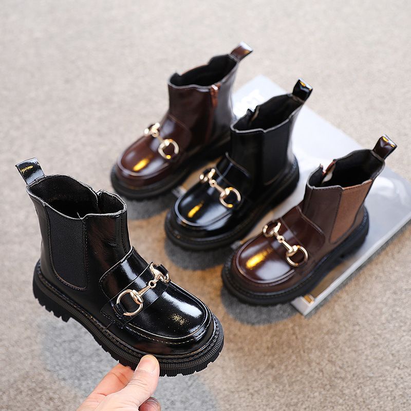 PHOM RỘNG_Giày Bốt Bé Gái,Boot Martin Da Mềm Lót Lông Khoá Kéo Móc Kính Cho Bé Gái 3-12 Tuổi