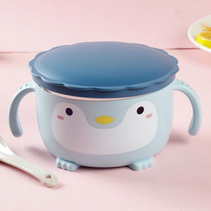 Bát Ăn Dặm Chống Nóng Lõi Inox Cao Cấp Cho Bé Bát Ăn Mì Hình Chim Cánh Cụt Tặng Thìa Shop Mẹ Bí Đỏ