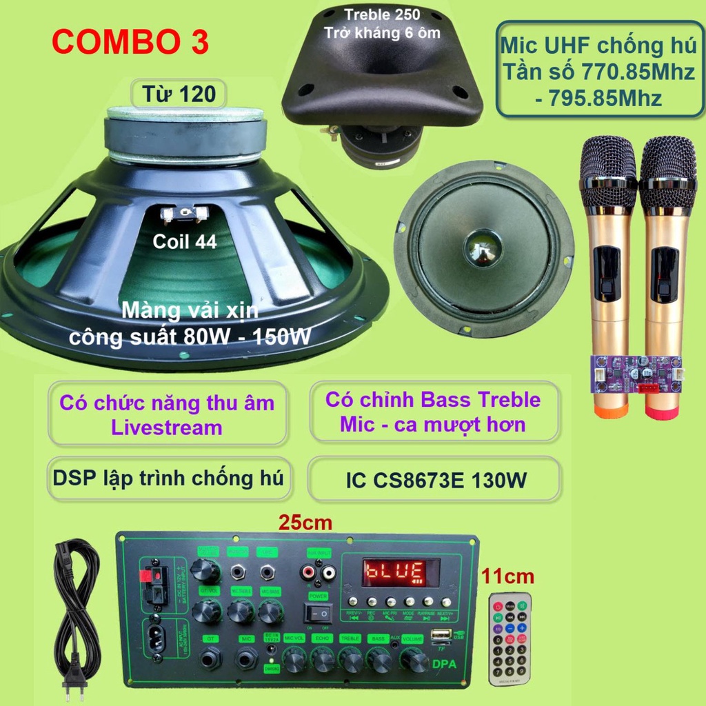 Mạch loa kéo 3 tấc đơn CS8673E 130W, thu âm LIVESTREAM, DSP lập trình chống hú có chỉnh Bass Treble